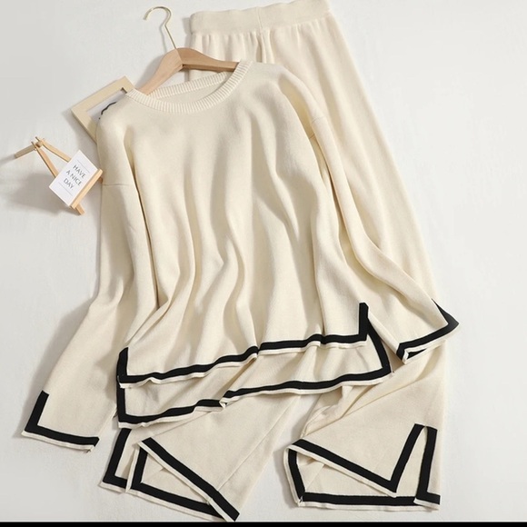 Two Piece Sweater Set Long Sleeve Wide Leg Pants Outfit - Picture 3 of 5